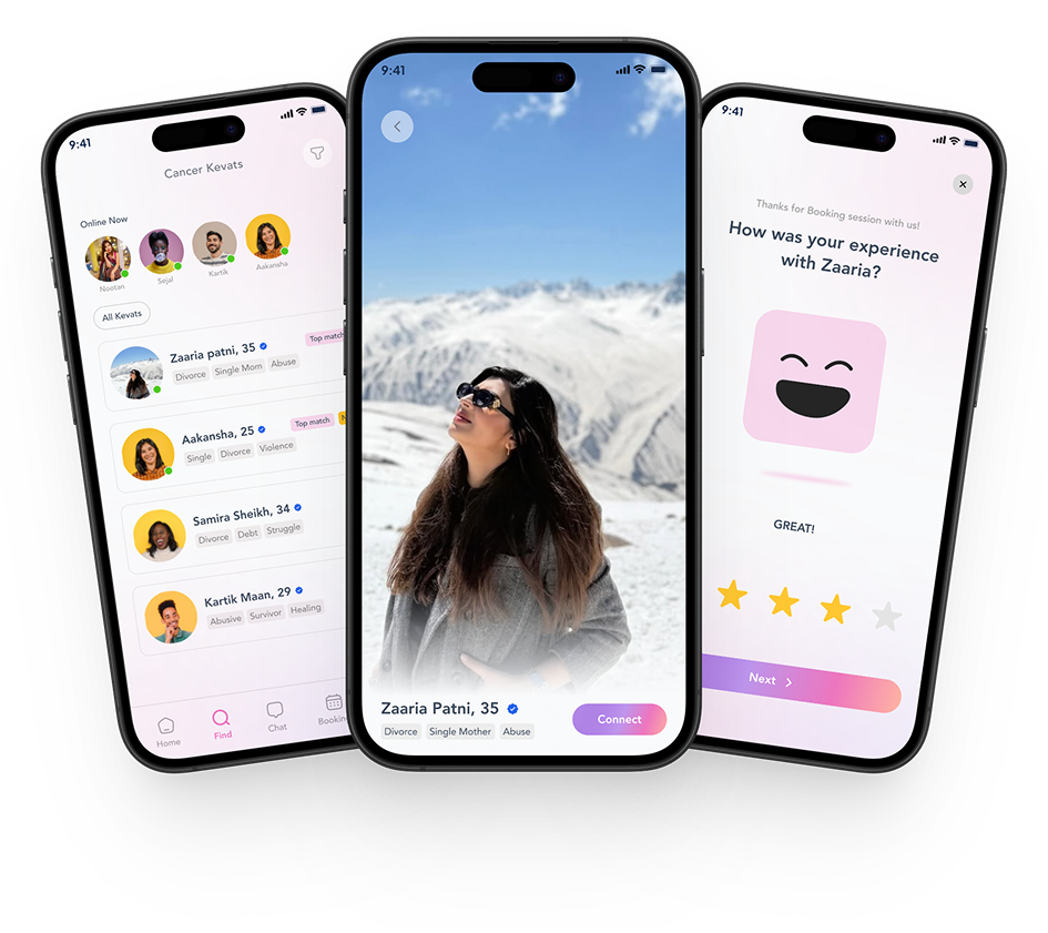 KEVAT app screens on three phones